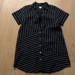 J. Jill Linen Navy and White Striped Button-Front Shirt Dress